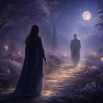 月夜の霧が漂う庭園の小径で見知らぬ人物と穏やかに向き合う夢景色