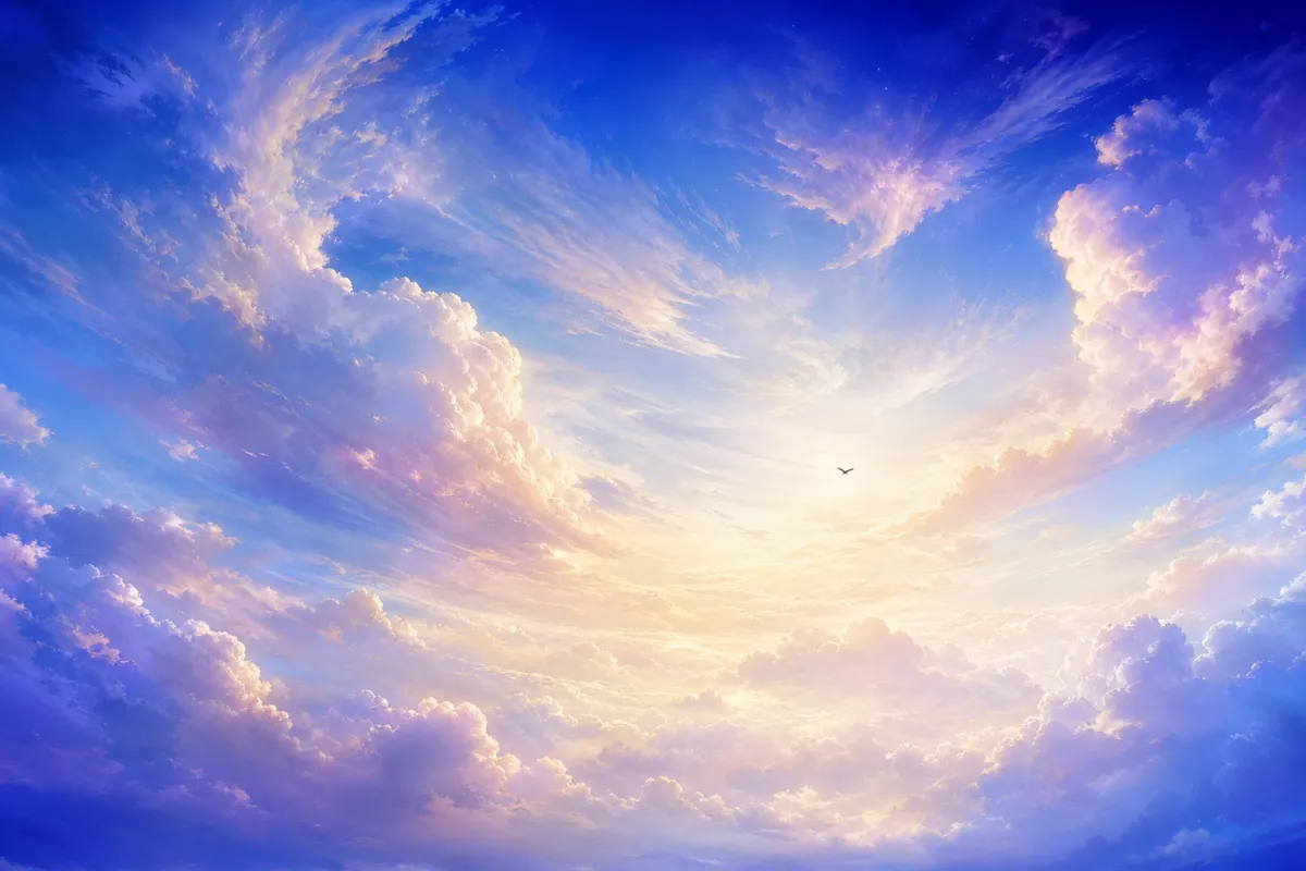 無限の広がりを感じさせる、美しく澄み切った空と雲のアート