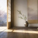 窓から差し込む光の中で、綺麗に片付いた静かな部屋