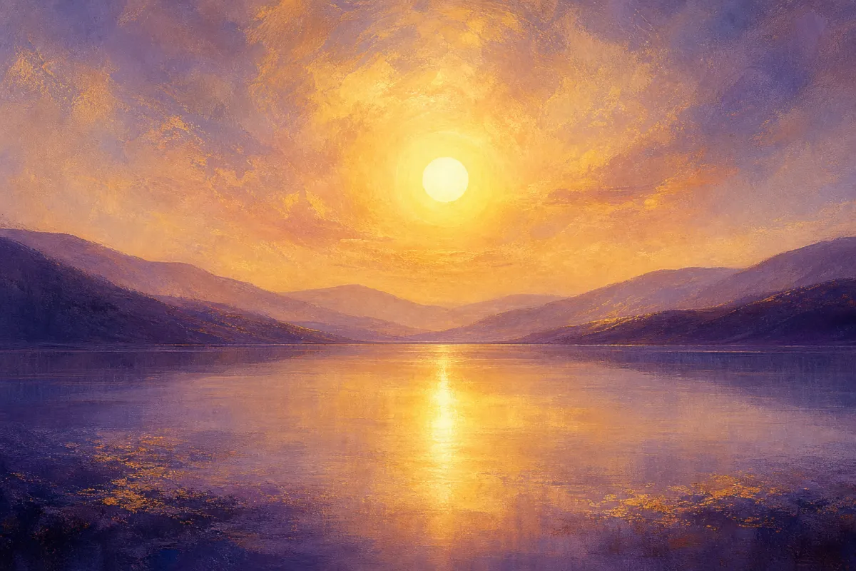 穏やかな風景を照らす、温かく希望に満ちた輝く太陽