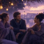 紫の夕暮れの川辺で温かな灯りに囲まれて語り笑う三人の友達