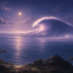 月明かりの高台から遠い海に立つ幻想的な巨大な波を眺める夜景