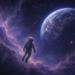 紫の星雲と地球を眺めながら静かに宇宙を漂う宇宙飛行士