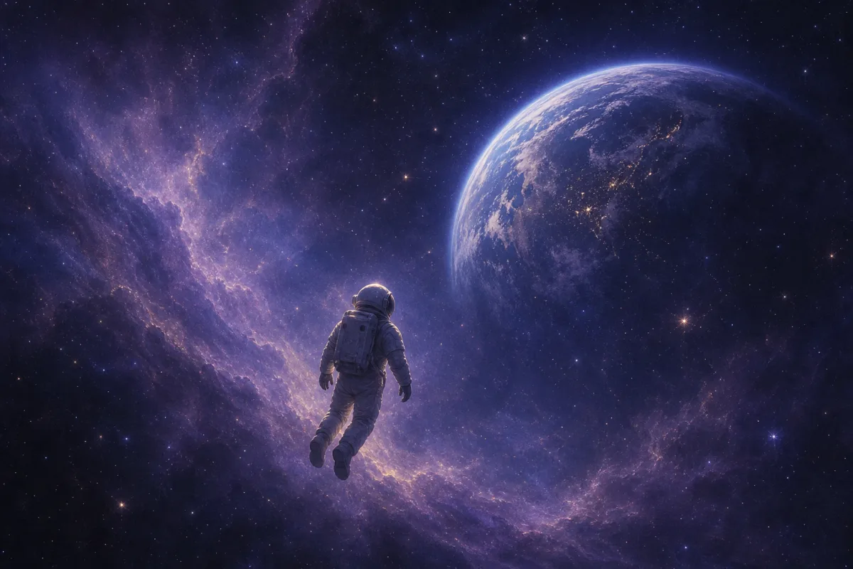 紫の星雲と地球を眺めながら静かに宇宙を漂う宇宙飛行士
