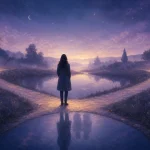 月夜の庭園で二つに分かれる小径を前に三人が距離を保って立つ夢景色