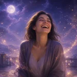 月夜の紫の空の下で金色の光に包まれ自然に笑う人物