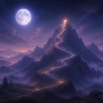月夜の霧深い山並みと金色の光が続く山頂への道