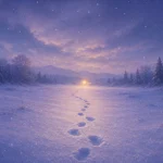 淡い紫の雪原に一筋の足跡が続き遠くに金色の灯りが見える夢景色